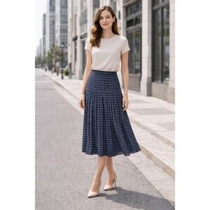 Vintage Chic Pleated Midi Skirt High Waist Geometric Blue Black‎ Size 6 8